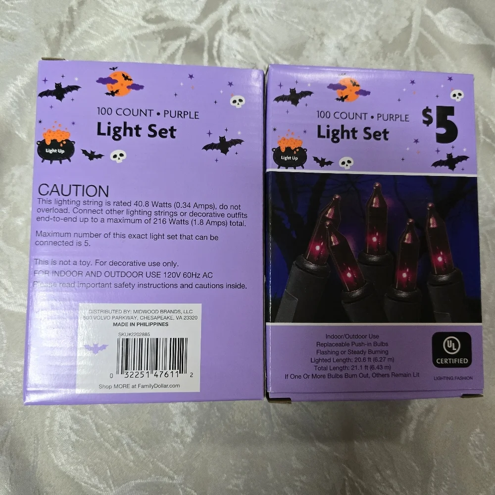Lot Of 2 Halloween Purple String Indoor/Outdoor 100 Light Party Brizled Spooky